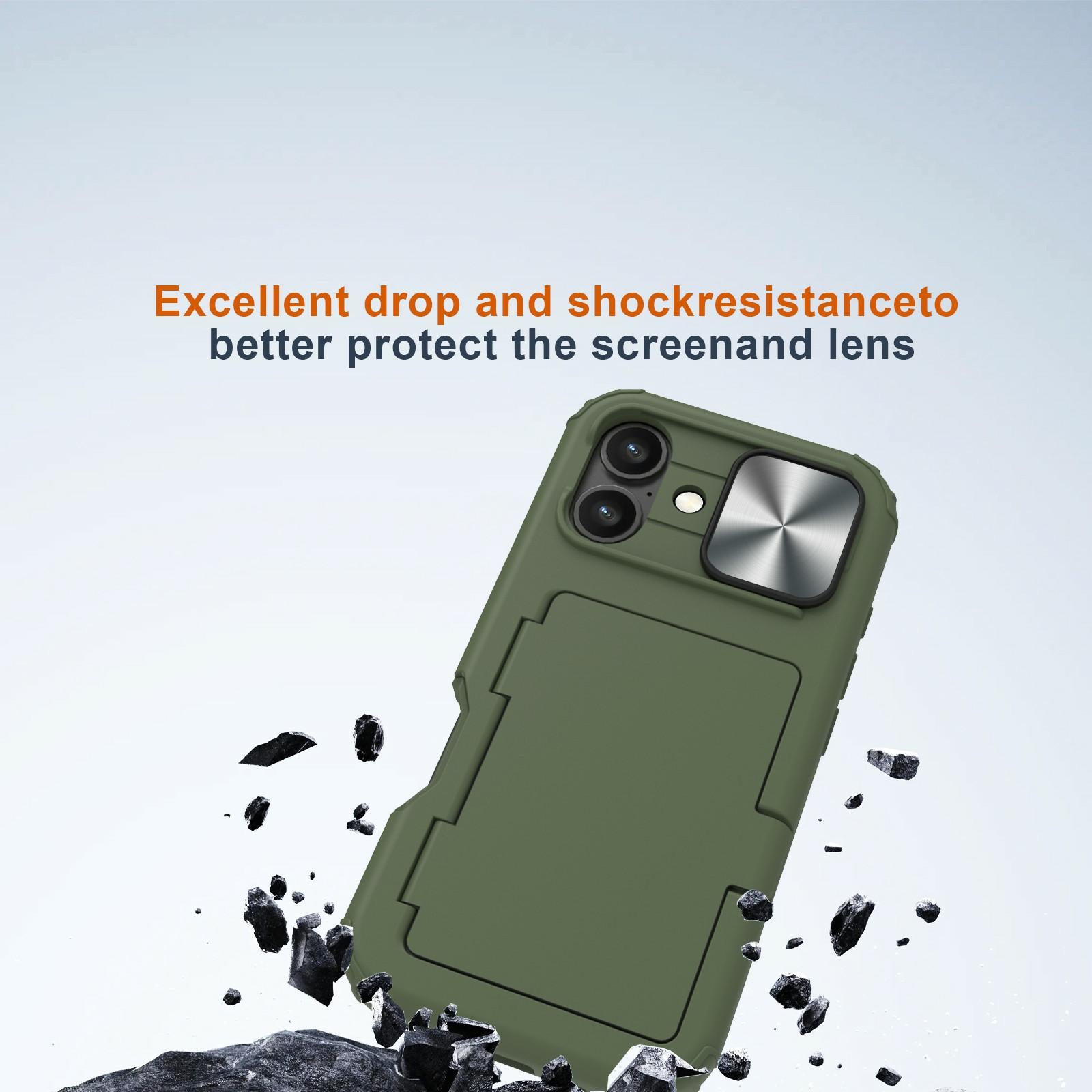 

For iPhone 16 Case Card Holder Mirror PC+TPU Phone Shell with Lens Cover Army Green