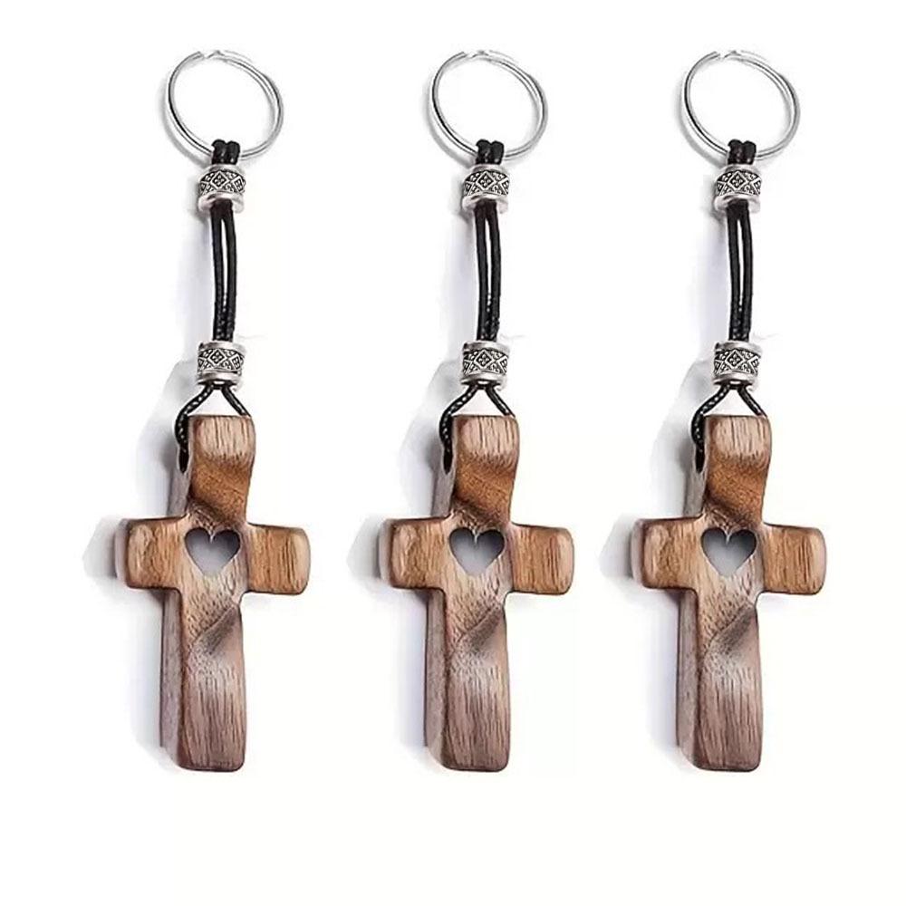 Handcrafted Walnut Heart Cross Keychain