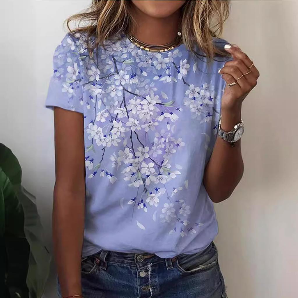 Sommer Rund Hals 3D Blomstermønster Trykt Topp Moteriktig Casual Kortermet Dame T-skjorter