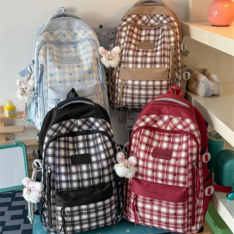 Plaid Schoolbag Large Capacity Lightweight Student Backpack Love Printed Backpack