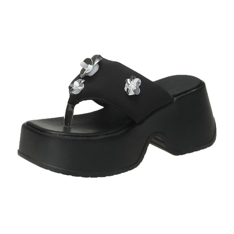 2025 Spring and Summer New European and American Style Fashion Waterproof Heel Shoes Square Head Open-toed Muffin Thick-soled One-word Slippers Women