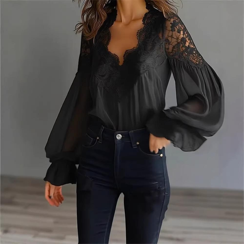 Camicetta da Donna in Chiffon con Scollo a V, Patchwork di Pizzo Floreale, Maniche Lunghe a Sbuffo con Volant