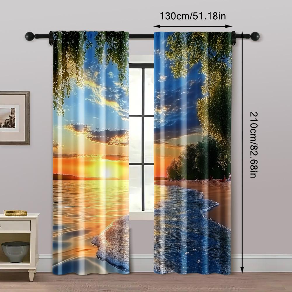 2pcs, Window Curtains Beach Sunrise Sunset Natural Scenery Versatile Polyester Fabric,Without Electricity Family Party Perfect