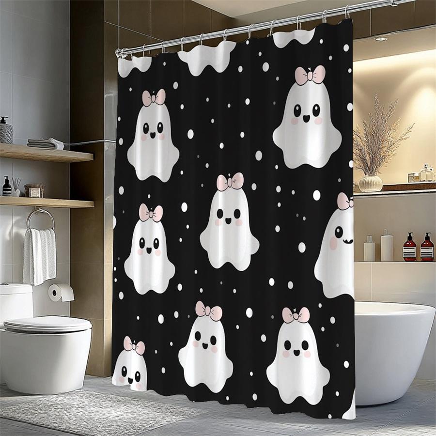 1Pc Cute Ghost Pattern Shower Curtain With Hooks, Polyester Fabric, Machine Washable, Perfect For Bathroom Decor.