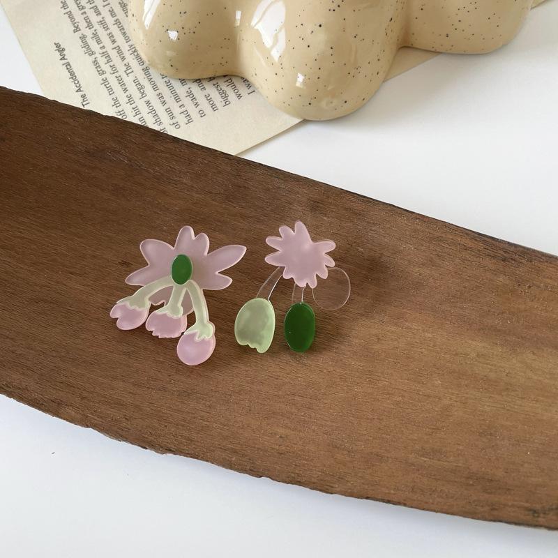 

S silver needles, cute asymmetrical flower stud earrings, pink acrylic tulip earrings, sweet girly earrings.