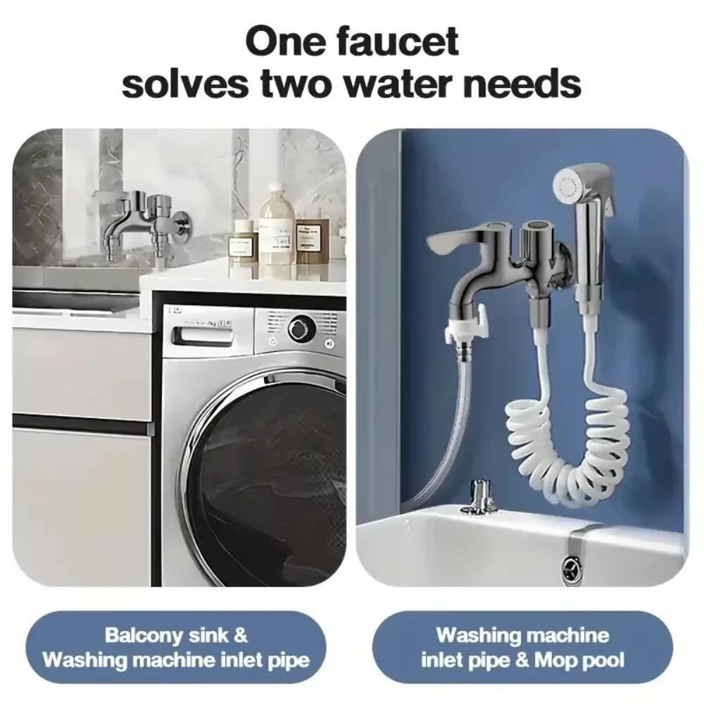 Stainless Steel Faucet Double Outlet Dual Control Water Tap One In Two Out Faucet 1/2" Bidet Faucets Bathroom Accessories