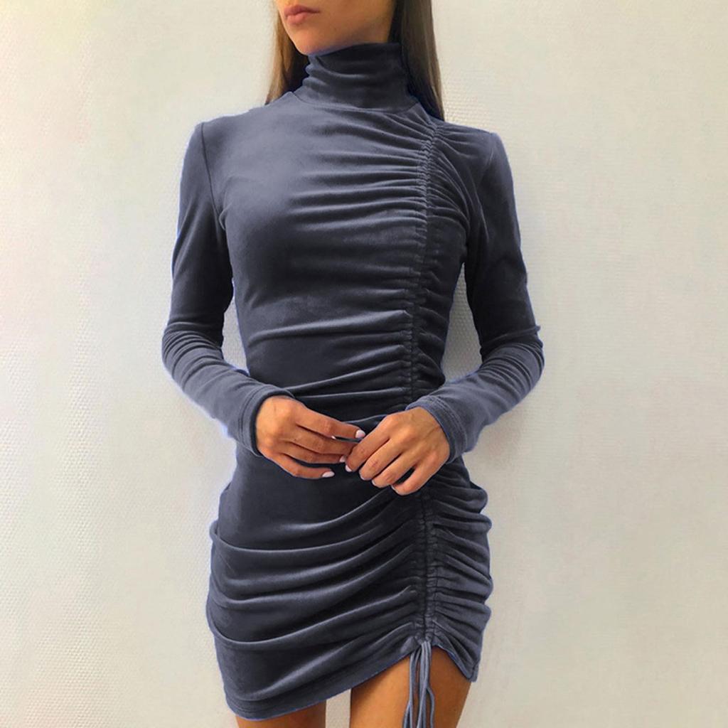 Damen Locker Lässig Einfarbig Kordelzug Hoher Kragen Kleid Mit Langen Ärmeln Und Eng Anliegendem Hüftbetonendem Kleid