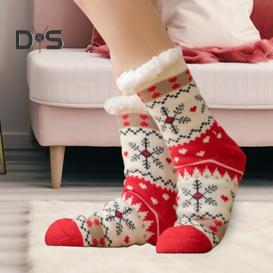1 Pair Winter Floor Socks Thickened Fuzzy Plush Warmth Retention Christmas Print Leg Warmer Silicone Bottom Fall Winter Floor Socks Holiday Gift