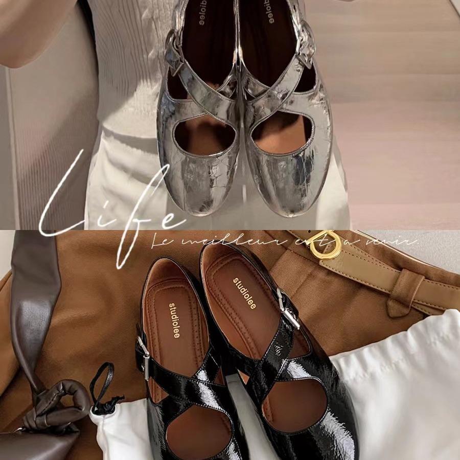 Spot Sheepskin Version~ Grape Mother Same Cross-strap Silver Round Head Mary Jane Women's Shoes Light Mouth Flat Sole Shoes