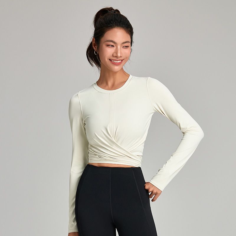Nude Feel Casual Lace-up Waist-Controlled Skinny Exercise Top Round Neck T-Shirt Professional Running Fitness Clothes Long Sleeve Yoga Wear