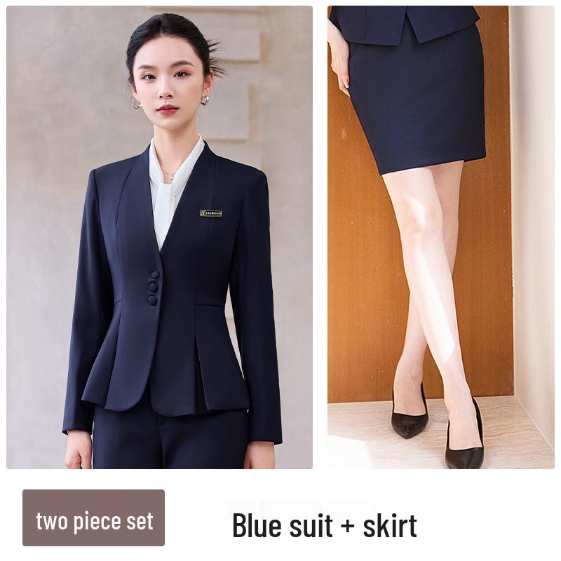 Elegant Collarless Women's Suit Set for Hotel Manager & Receptionist Spring/Autumn Workwear