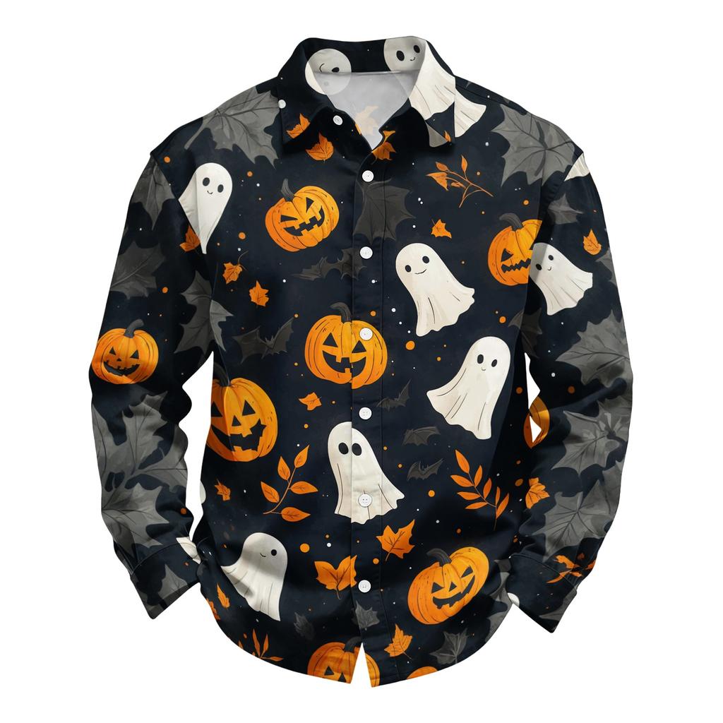 Men's Casual Long Sleeve Halloween Print Shirt Button Down Collar Lightweight Breathable Fabric Comfortable Fit