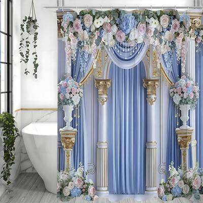Splendida Tenda da Doccia Palazzo Blu, Tenda da Doccia Decorativa per Bagno, Tenda da Doccia Impermeabile con Ganci