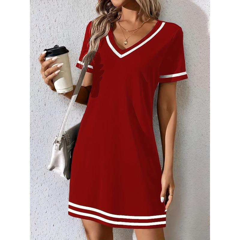 QICED Fashion Summer Spring Short Sleeve V-Neck Casual Dresses
