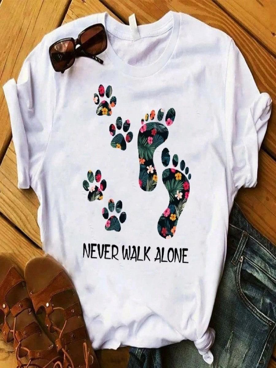 Women Graphic Flower Never Walk Alone Dog Paw Fashion Printed Top Cotton T-Shirt Female Tee Shirt Ladies Clothes T-Shirt S разноцветный