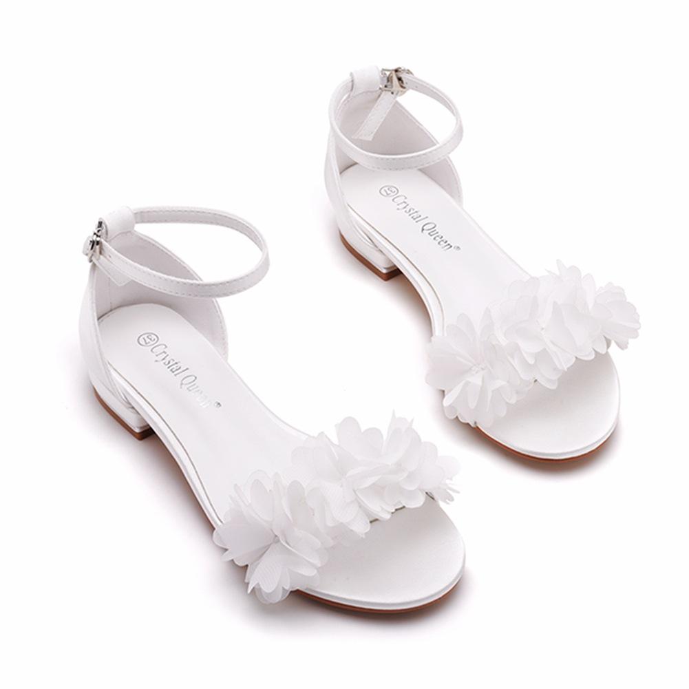 2 Cm Square Heel Shallow Mouth One-tie Buckle Sandals Ivory White Silk Satin Cloth Bridal White Flower Sandals for Women
