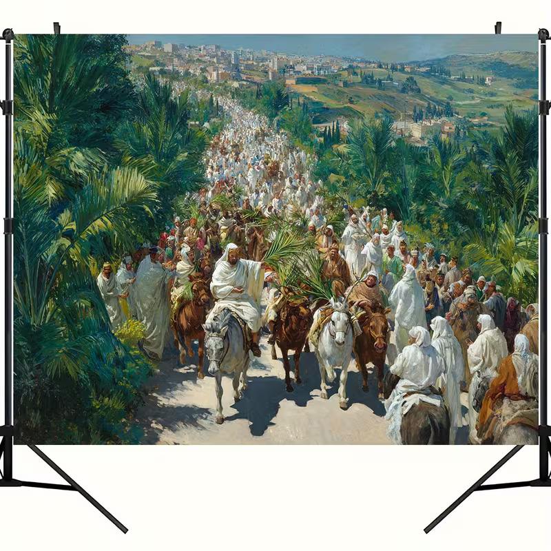 2D Triumphal Entry Backdrop, Palm Sunday Procession Scene Background for Christian Home Decor