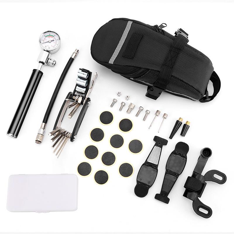 Bicycle Repair Tool Set With Tire Patch Kit And Pressure Gauge For Home Maintenance