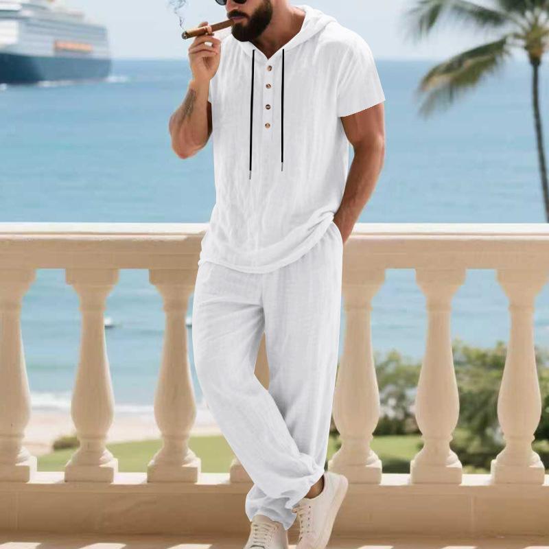 Men'S Casual Linen Hooded Shirt and Pants Set | Short Sleeve, Drawstring Waist, Non-Stretch, Solid White, Vacation Homewear with Woven Texture