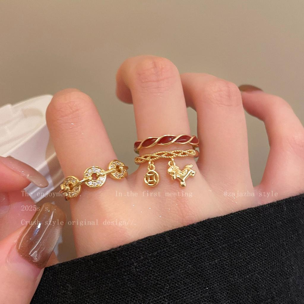 Gold Pony Copper Coin Open Ring Women's Retro Exquisite Index Finger Ring Natal Year Niche Design Ring