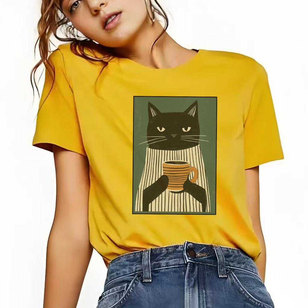 Fun cat tea printed Tshirt casual short sleeved round neck top versatile Womens Tshirt suitable for all seasons