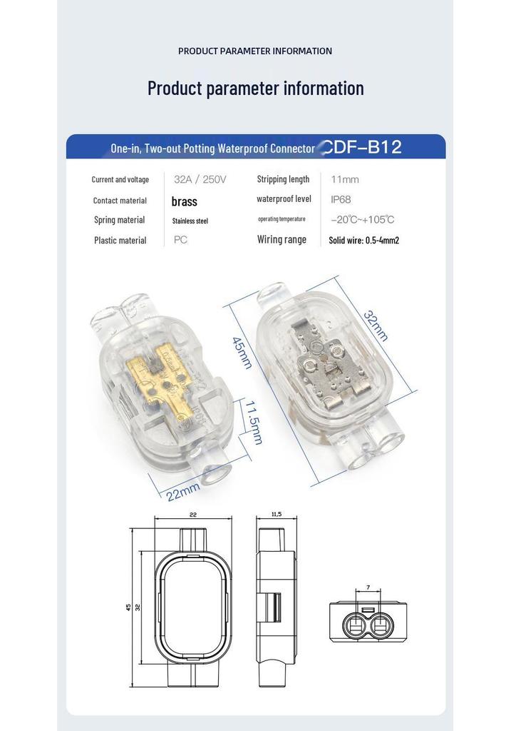 Compact Waterproof 2-In 2-Out Quick Wiring Terminal for Single Strand Hard Wire