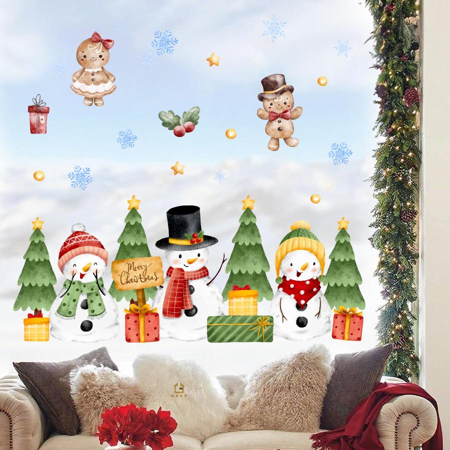 Festive Merry Christmas Wall Stickers with Snowmen & Gingerbread Removable Self-Adhesive for Kids Room Shop Restaurant Decor