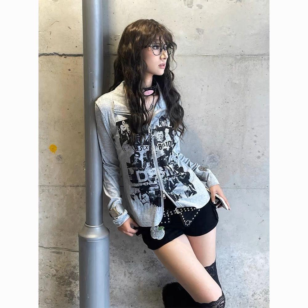 Sexy Women T-shirts Zipper Printed Design Long Style Girls Y2K Tops Fashion Lady Tshirt