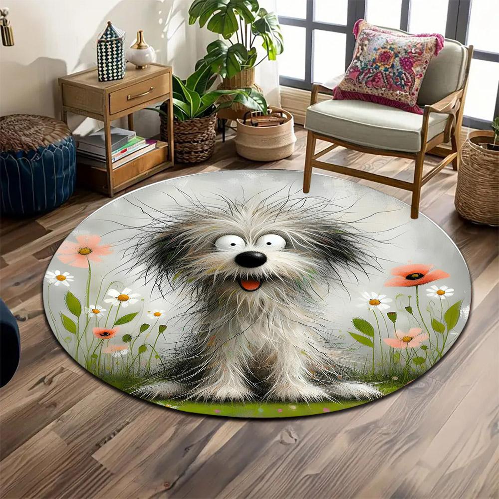 Cute Scruffy Dog In Flower Garden Print Round Rug, Living Room, Bedroom, Playroom Carpet, Non Slip Floor Mat, Gift