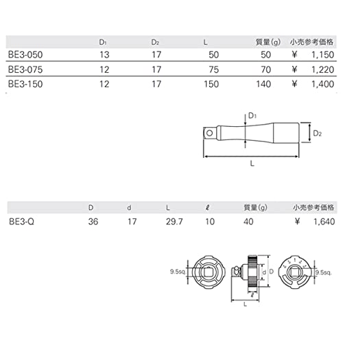 KTC 9.5sq. BE3-4PQ Extension Bar + Quick Spinner, Set of 4 (BE3-050/075/150+BE3-Q)