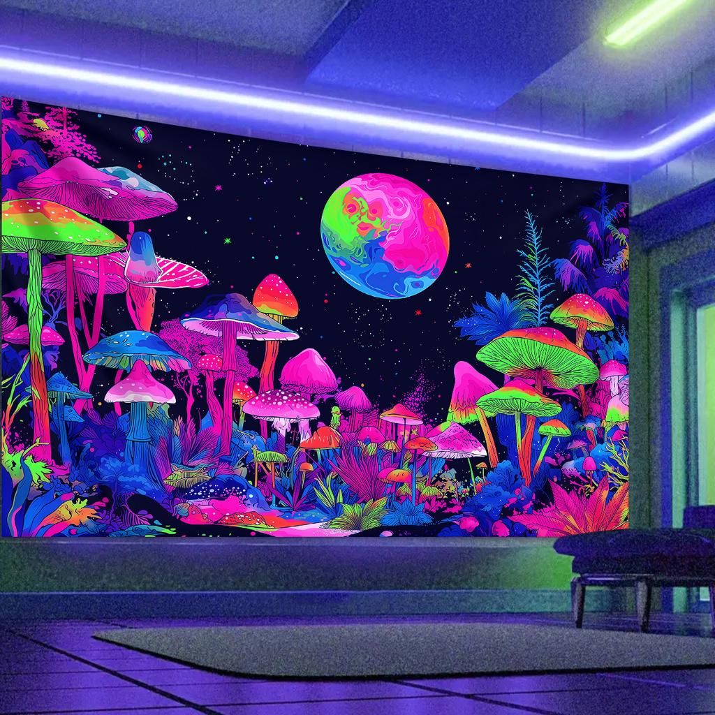 1pc Fluorescent Mushroom Moon Tapestry, UV Black Light Forest Fantasy Plant Space Tapestry, Home Decoration Wall Hanging