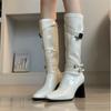 Winter Fashion Pointed Toe Woman Knee-High Boots Street Style High Heels Ladies Belt Buckle Long Booties Shoes