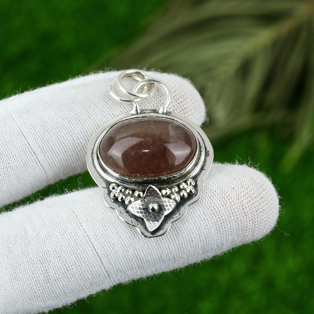 Natürlicher Erdbeerquarz Edelstein Anhänger 925 Sterlingsilber Schmuck für Frauen