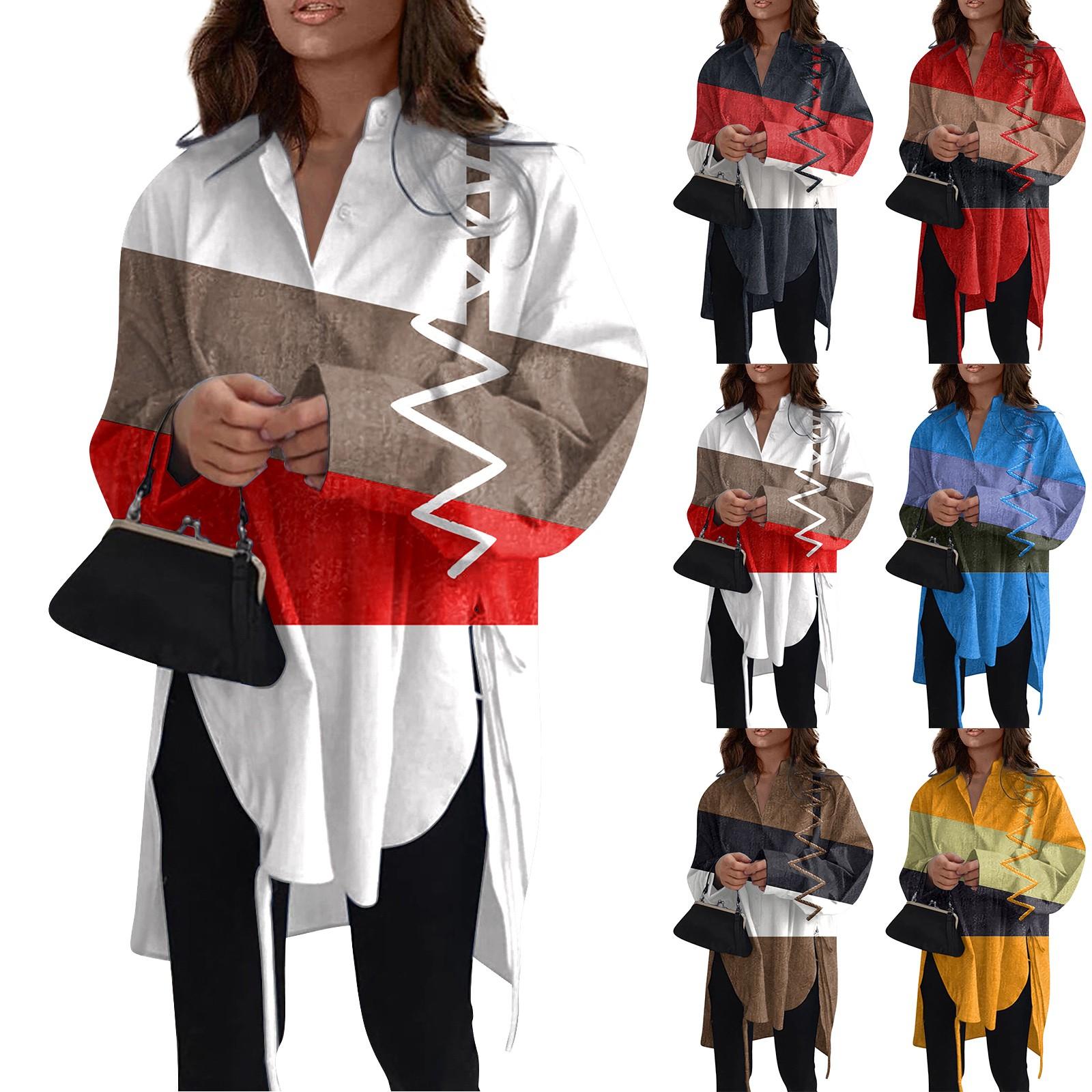 

Модная повседневная однотонная рубашка с длинными рукавами и лацканами свободного типа для женщин L синий