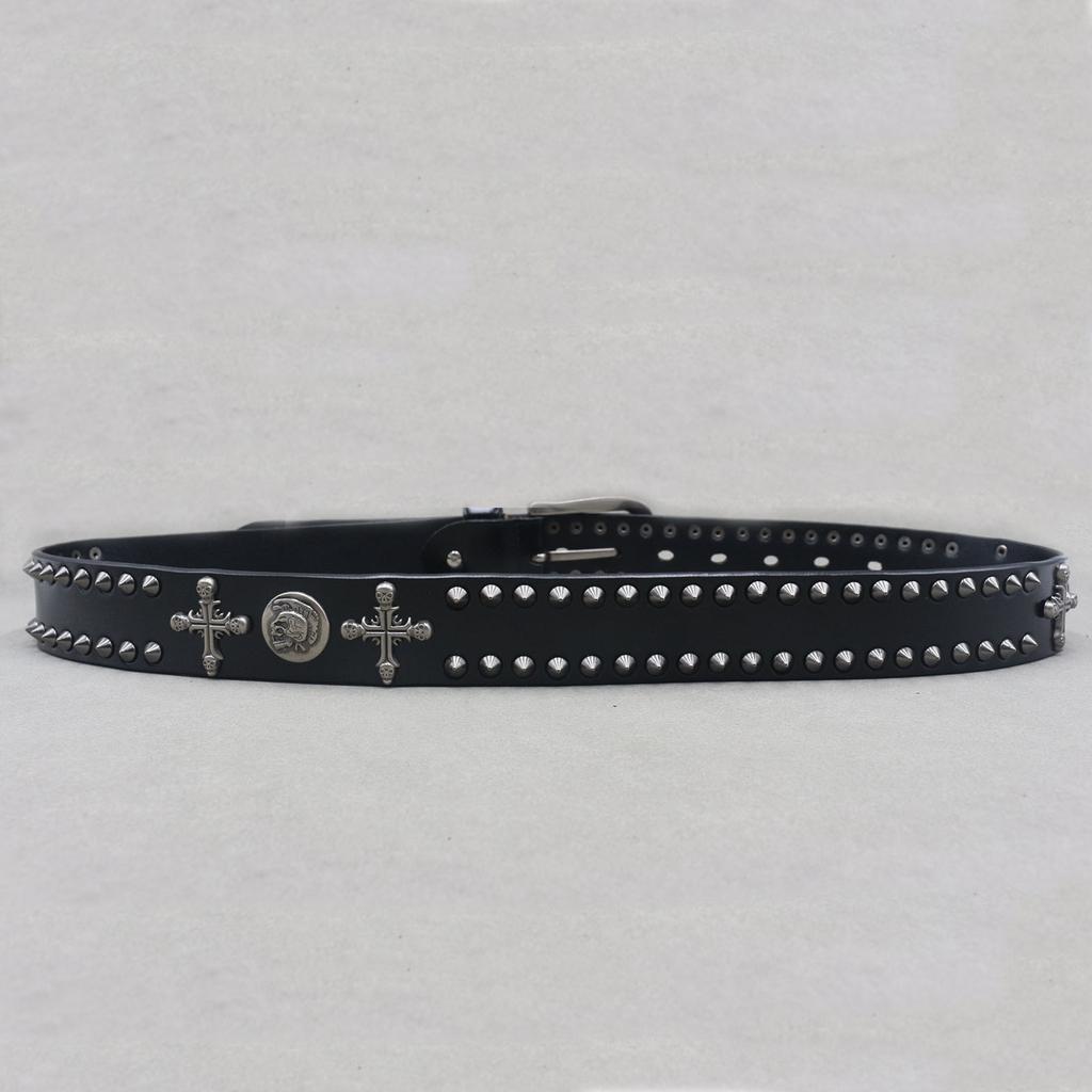 New Style of Personalized Pointed Spike Rivet Cowhide Belt, Cross Skull Decorative Hardware, INS Style