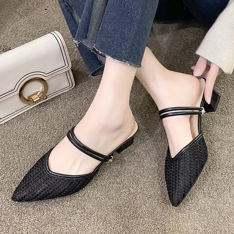 Fashion 2025 New Women's Toe-Covered Sandals Pumps High Heels Spring Summer Two-Way Pointed Toe Outer Wear Half Slippers Fashion Sandals