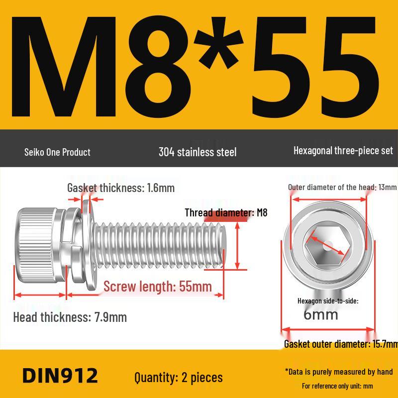 304 Stainless Steel Hex Socket Cap Screw with Washer - Sizes M3, M4, M5, M6, M8, M12