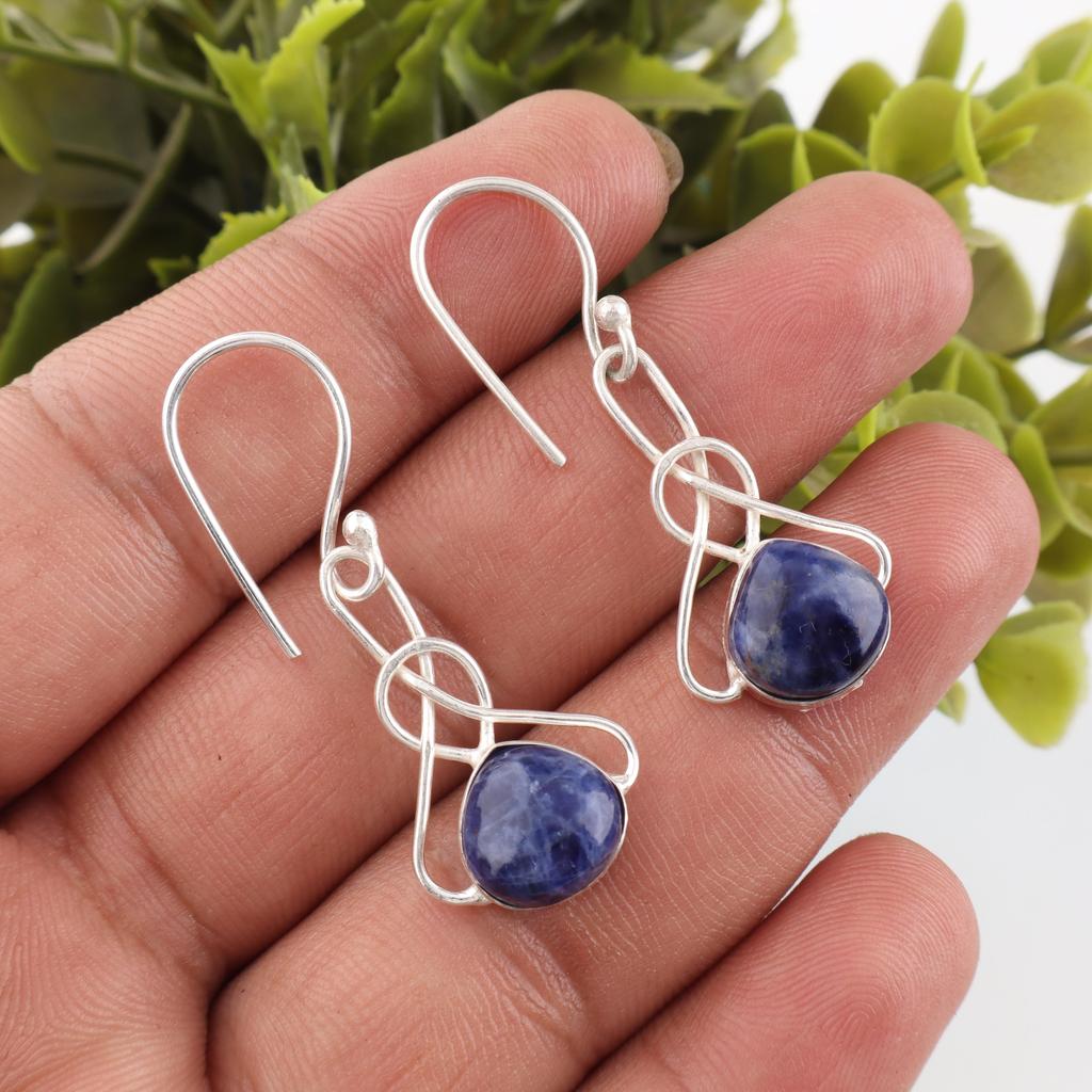 Sodalite Handmade Gemstone Earrings, 925 Sterling Silver Earrings Everyday Jewelry, Earrings For Engagement Gift