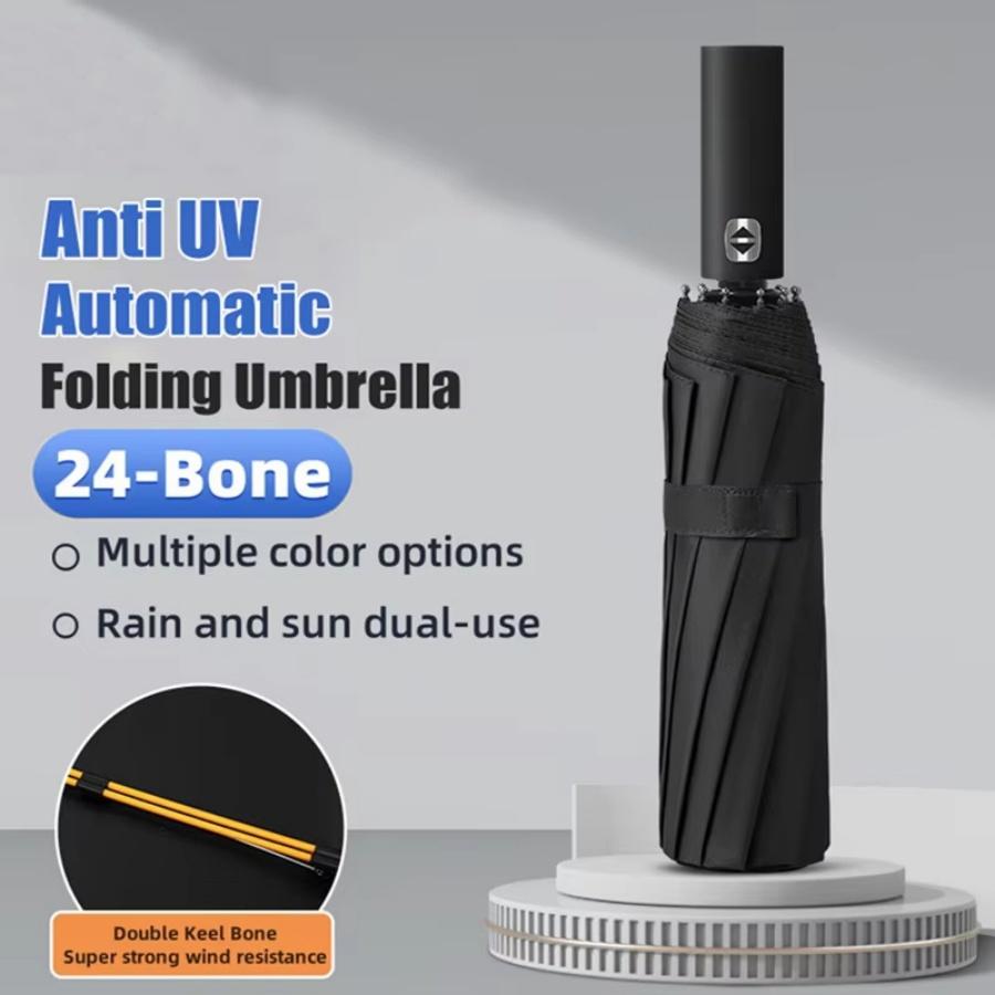 Parapluie pliant automatique renforcé, 24 os, résistant au vent, 106CM, grand parapluie à poignée télescopique résistant au vent et à l'eau