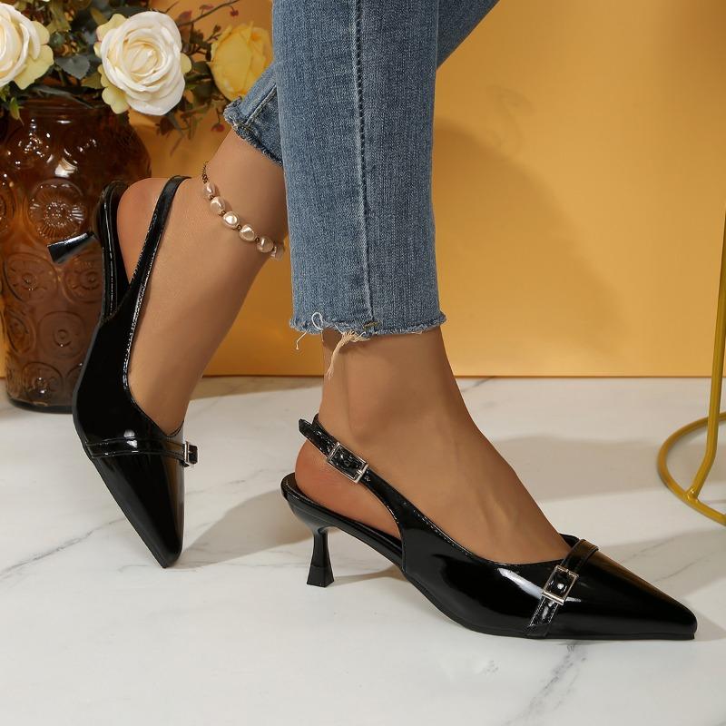 2025 New Summer Women's Dress Shoes Patent Leather Slip On Sandals Buckle Slingbacks Mid Heels Pumps Sandalias Mujer