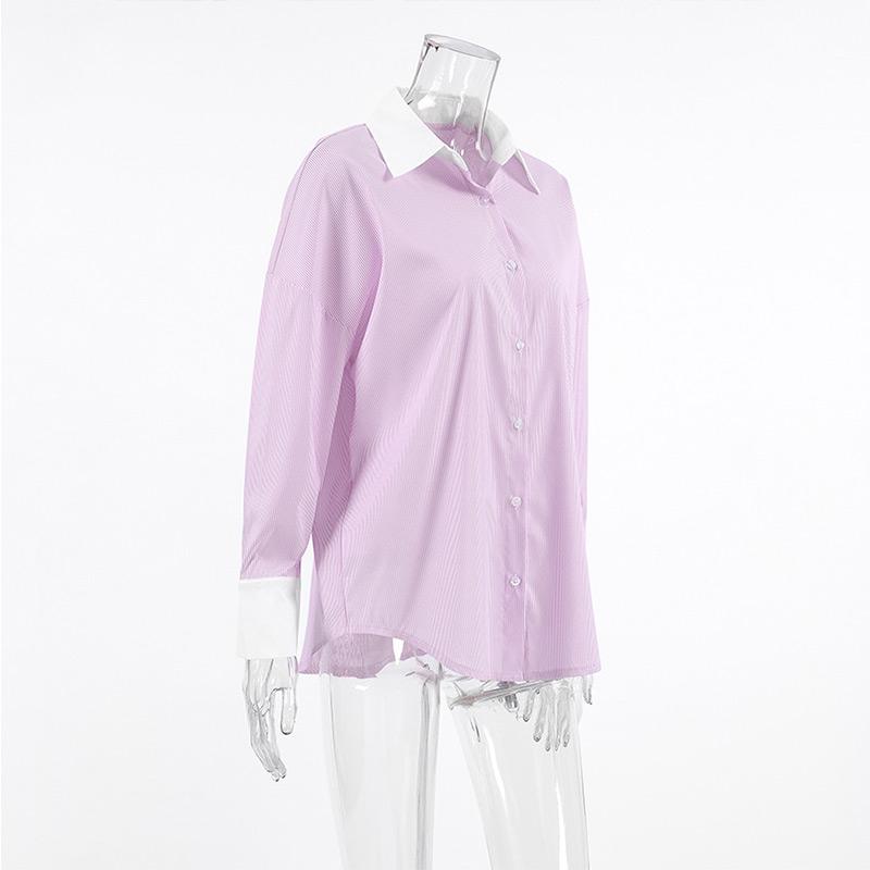 Casual Vintage Striped Long Sleeve ShirtsWomen Loose Lapel Single Breasted Oversize Blouse Fashion Versatile Daily Tops