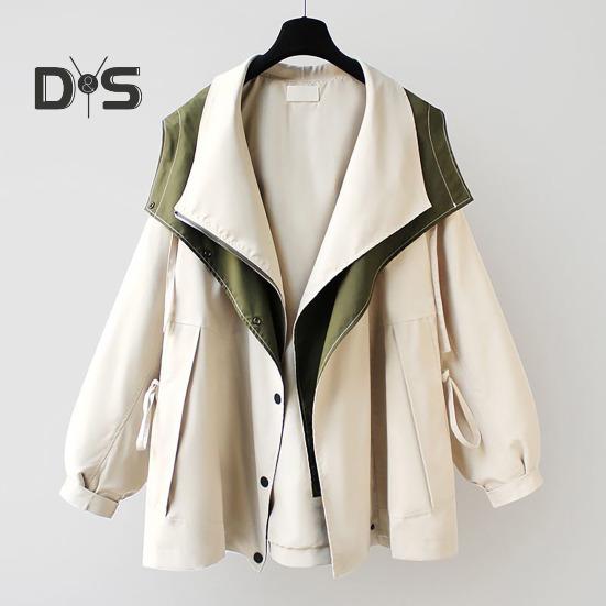 Women Windbreaker Hooded Patchwork Colorblock Zipper And Button Closure Long Sleeves Tight Waist Loose Coat Cargo Style Outdoor Jacket