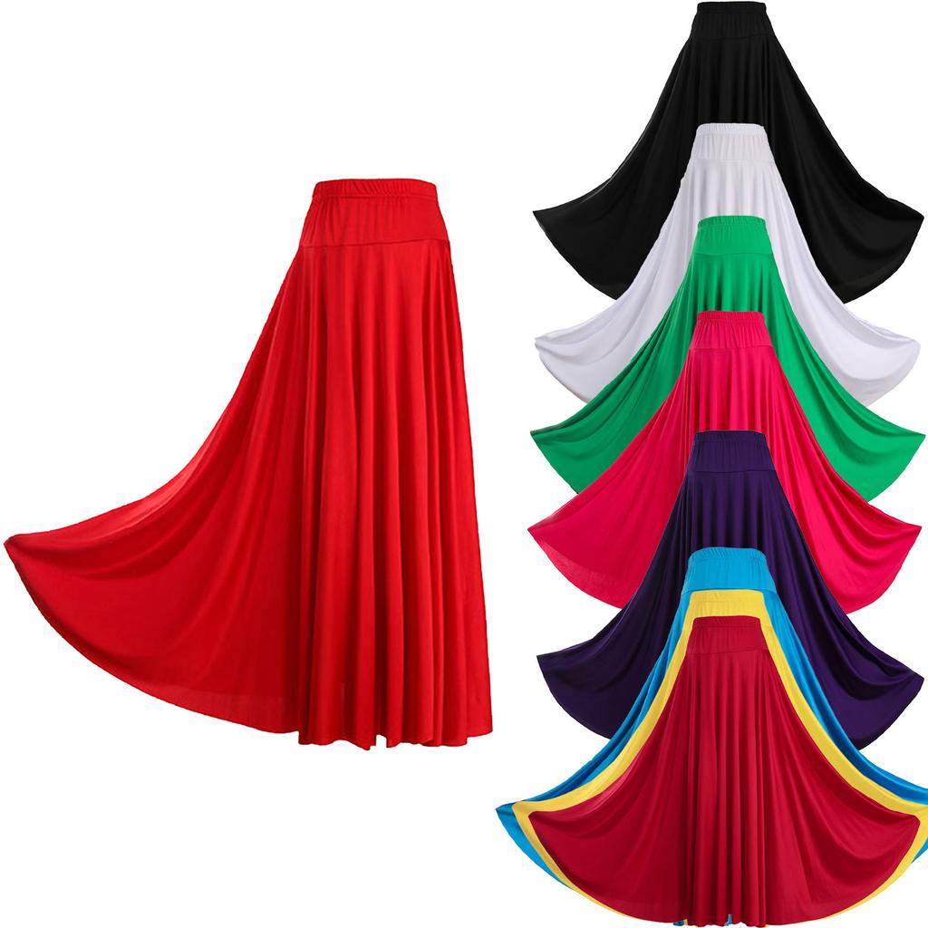 Womens Solid Color Ruffle Skirt High Waist Elastic Waistband Ballroom Dance Skirt Stage Performance Costume