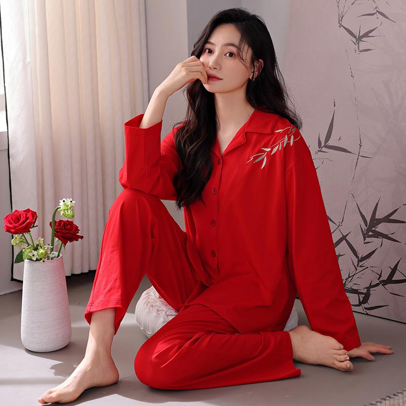 Pajamas Women's Spring and Autumn Pure Cotton Long-sleeved Autumn Red Natal Year New Wedding Festive Autumn and Winter Bride Wedding Loungewear