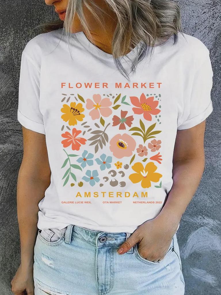 Women's Summer Patterned Round Neck Short-Sleeve Casual T-Shirt