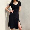 Short-sleeved Dress Summer Sexy Split Fork Pleated Waist Court Style Retro Square Collar Slim and Thin Little Black Dress Woman