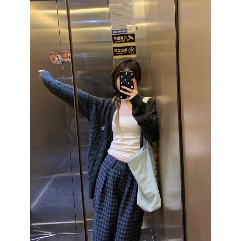 

Мягкий клейкий узор «косы» Ретро кардиган с V-образным вырезом Верхняя одежда Tup Grey 2XL