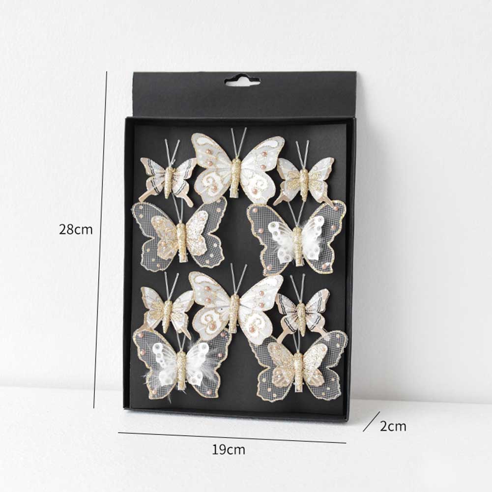 Sada 10 vánočních umělých motýlích dekorací s klipy, ručně vyráběných pro věnce, stromy a girlandy, lehký plast