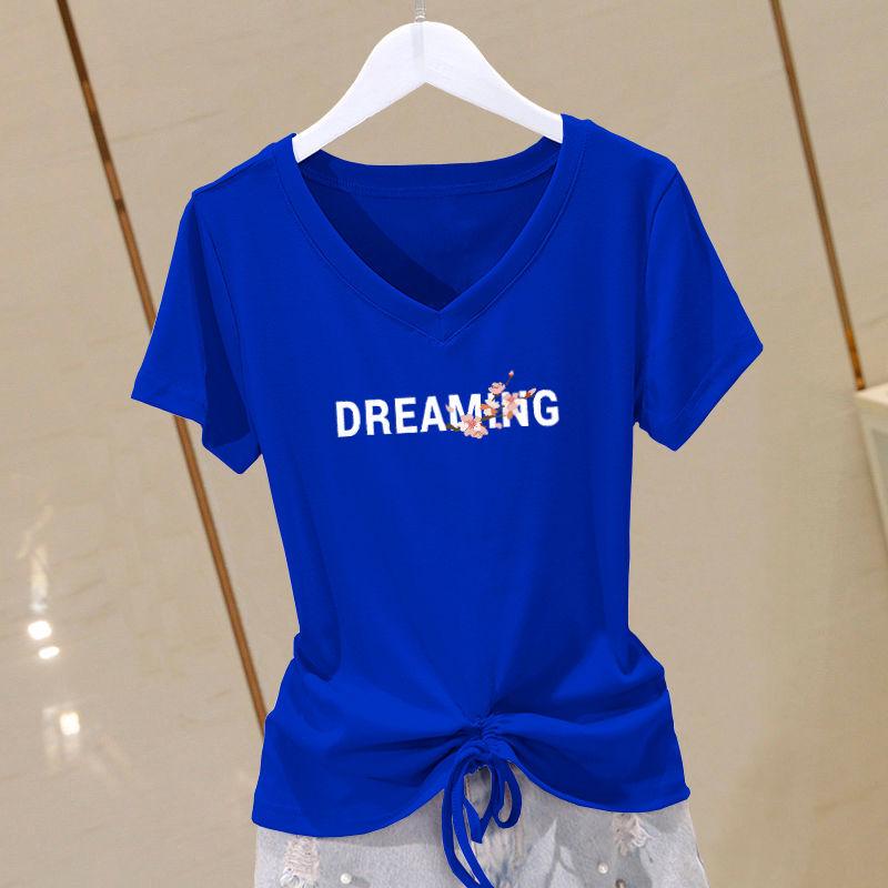 

Women s Summer 2025 Pure Cotton V-Neck Sweetheart Print Drawstring T-Shirt XL [105-120 kg]