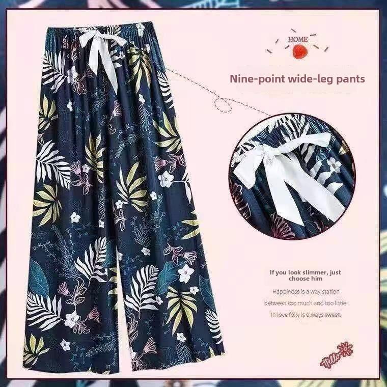 Women's Summer Loose-Fit Wide-Leg Pajama Pants - Imitation Cotton Silk, Nine-Point Length, Wear Indoors or Out